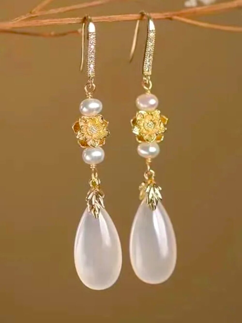 NWOT Dainty French-Inspired White and Gold Dangle Earrings